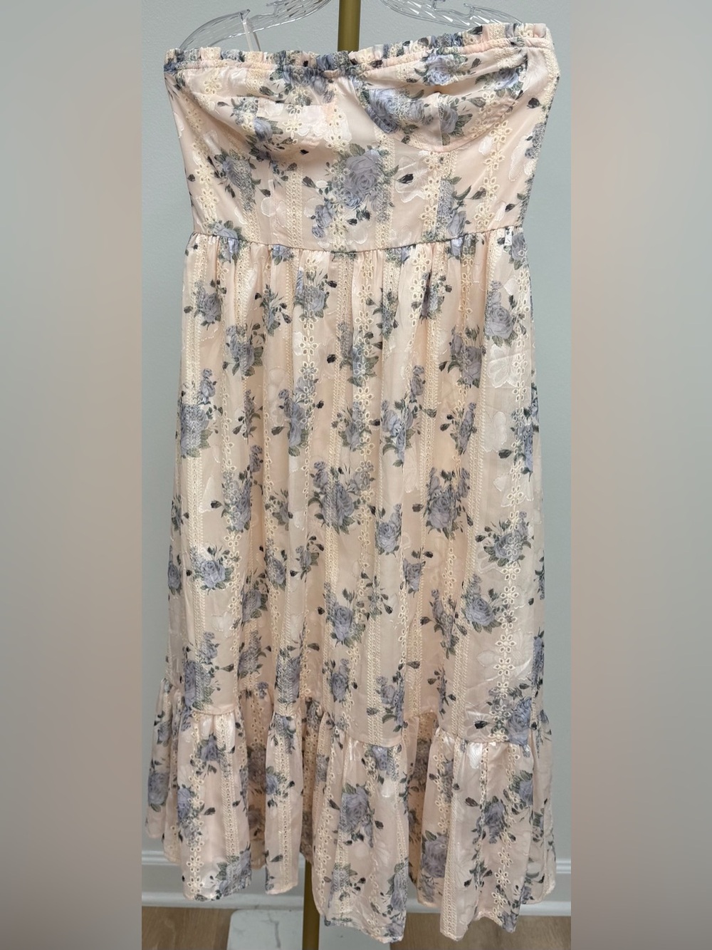 Storia Strapless Pink Floral Eyelet Midi Dress Size Large - Picture 2 of 5
